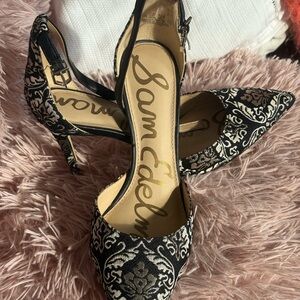 Sam Edelman Black and Gold Heels with Paisley Print